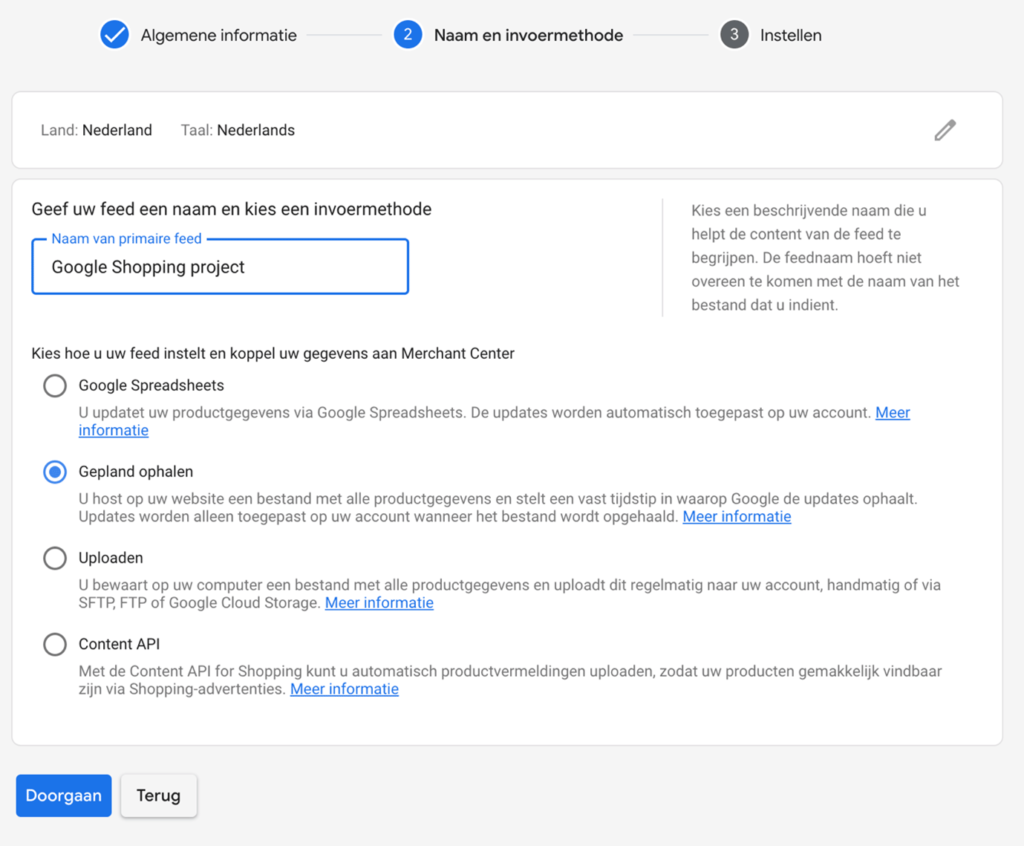 Screenshot van het aanmeldformulier omtrent het configureren van een productfeed in Google Merchant center.