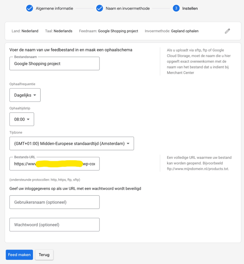 Screenshot van het aanmeldformulier omtrent het de instellingen van het ophalen van de productfeed in Google Merchant center.