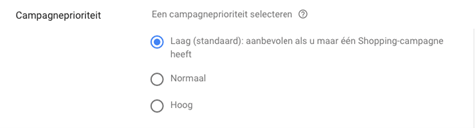 Screenshot van de instelling campagneprioriteit bij het aanmaken van een Google Shopping campagne in Google Ads.