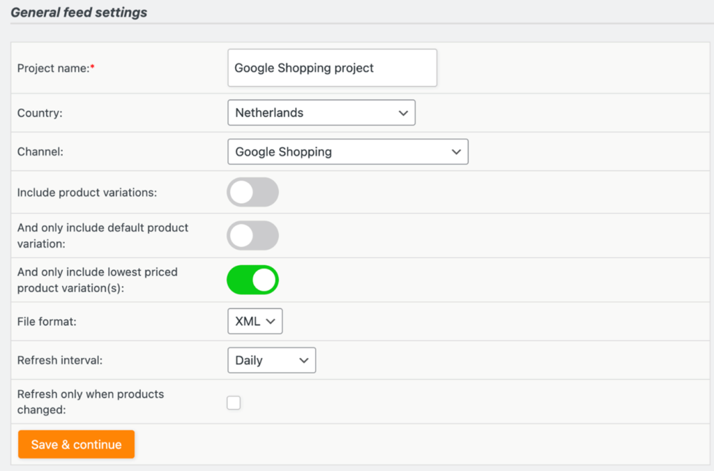 Screenshot van General feed settings in de WordPress / WooCommerce plugin Product Feed PRO for WooCommerce. De feed wordt gebruikt voor Google Shopping.  