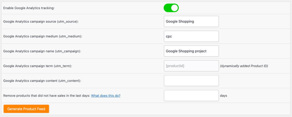 Screenshot van scherm Conversion & Google Analytics settings in de WordPress / WooCommerce plugin Product Feed PRO for WooCommerce  