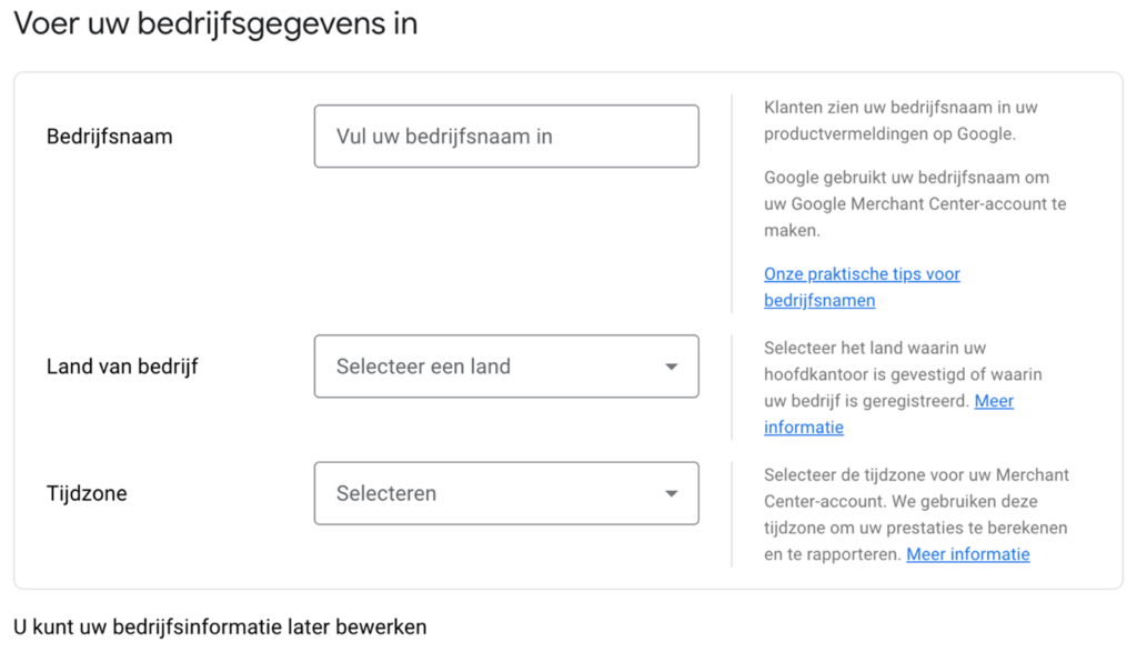 Screenshot van het aanmeldformulier omtrent bedrijfsinformatie in Google Merchant center. 