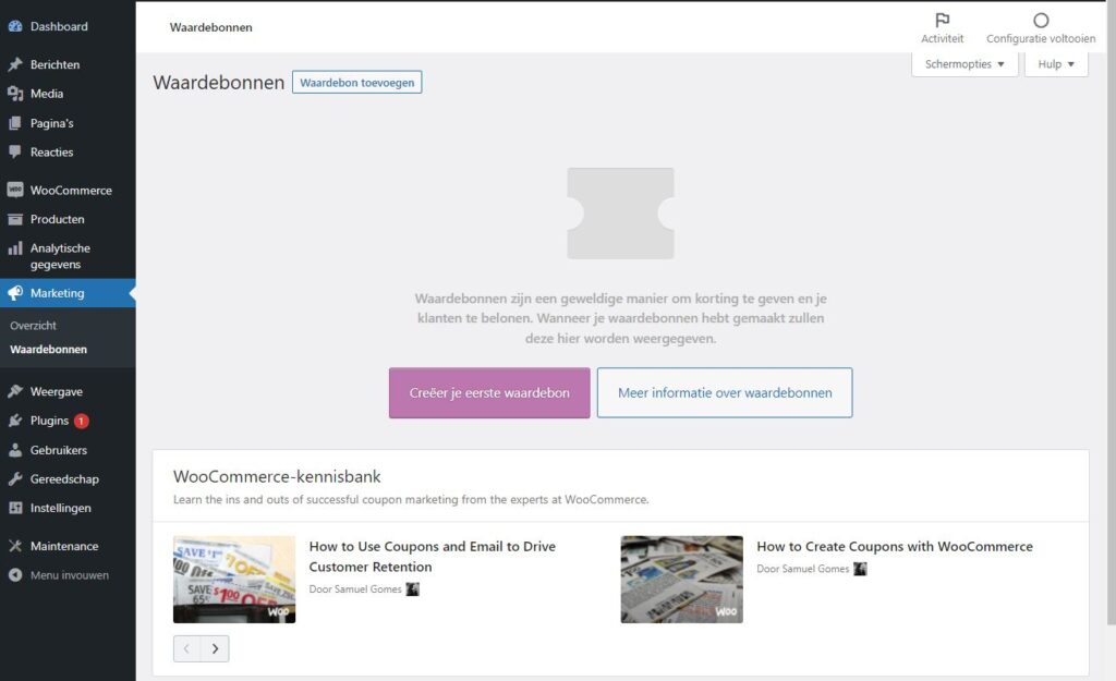 Screenshot van scherm Waardebonnen in de Woocommerce plugin (WordPress)