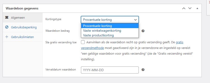 Screenshot van scherm Waardebonn gegevens in de Woocommerce plugin (WordPress). Submenu Algemeen is actief.