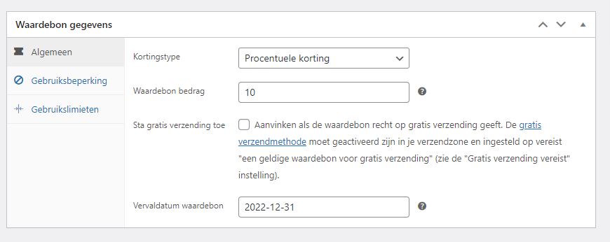 Screenshot van scherm Waardebonn gegevens in de Woocommerce plugin (WordPress). Submenu Algemeen is actief.