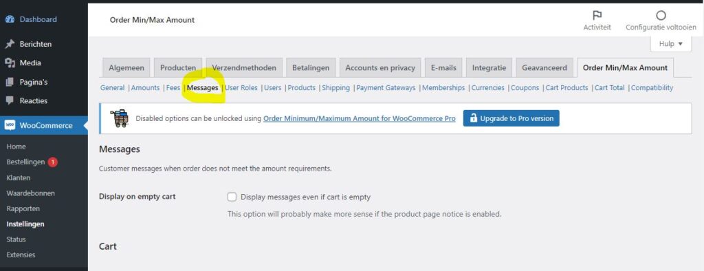Screenshot van Display on empty cart (instellingen) van de WordPress / WooCommerce plugin Order Minimum/Maximum Amount for WooCommerce.