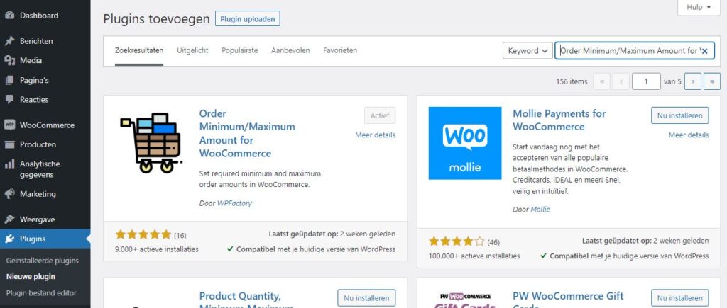 Screenshot van scherm plugins toevoegen in WordPress. Met de plugin Order Minimum/Maximum Amount for WooCommerce als eerste resultaat.