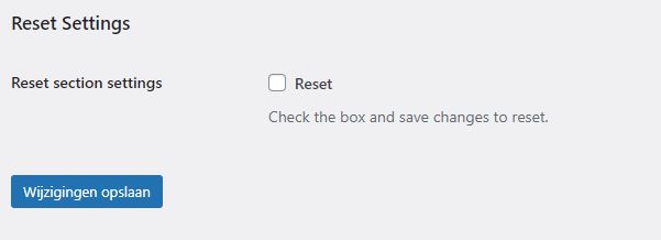 Screenshot van Reset section settings (instellingen) van de WordPress / WooCommerce plugin Order Minimum/Maximum Amount for WooCommerce.