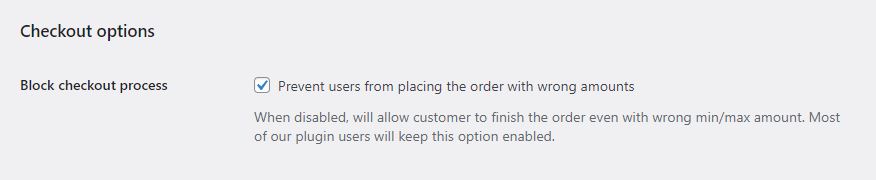 Screenshot Block process page (instellingen) van de WordPress / WooCommerce plugin Order Minimum/Maximum Amount for WooCommerce.