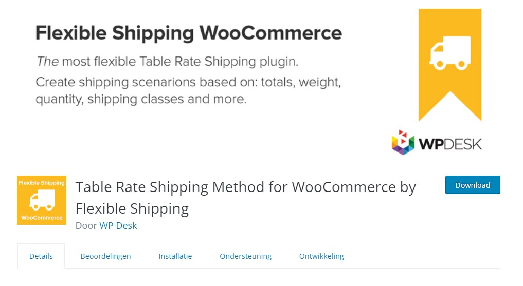 Screenshot van plugin Table Rate Shipping Method For WooCommerce by Flexible shipping. 