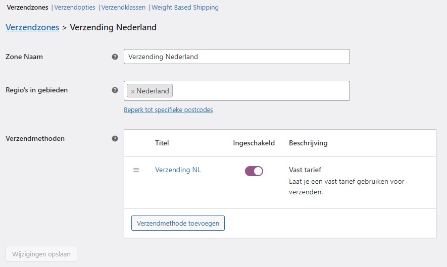 Screenshot van verzendmethoden in WooCommerce