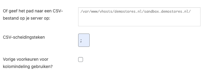 Voorbeeld van WooCommerce scherm kiezen CSV-scheidingsteken. Een puntkomma is ingevuld.