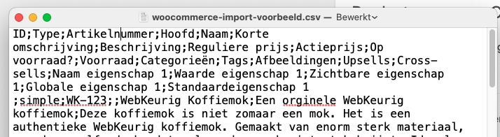 Voorbeeld van CSV-bestand voor WooCommerce in Teksteditor om te checken welk scheidingsteken is gebruikt.