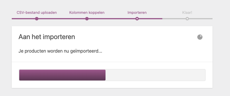 Screenshot in WooCommerce van proces importeren producten.