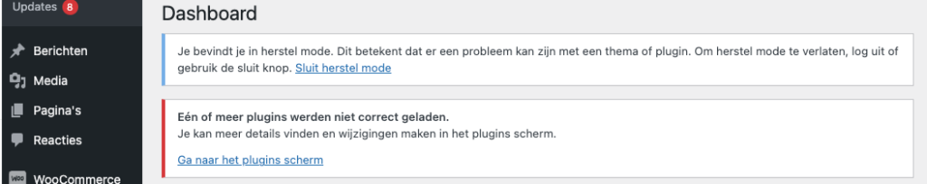 Foutmelding in herstelmodus van WordPress